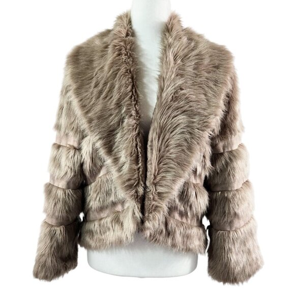 Chico's Tan Faux Fur Faux Suede Shawl Collar Coat Old Money Cozy - Picture 1 of 8
